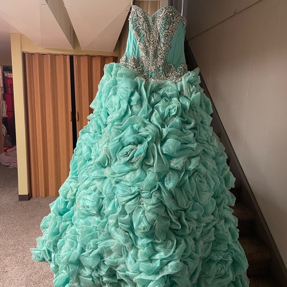 Champagne/Aqua Ruffled Strapless Quinceañera Dress by House of Wu (26800) Size 4 - Picture 4 of 17